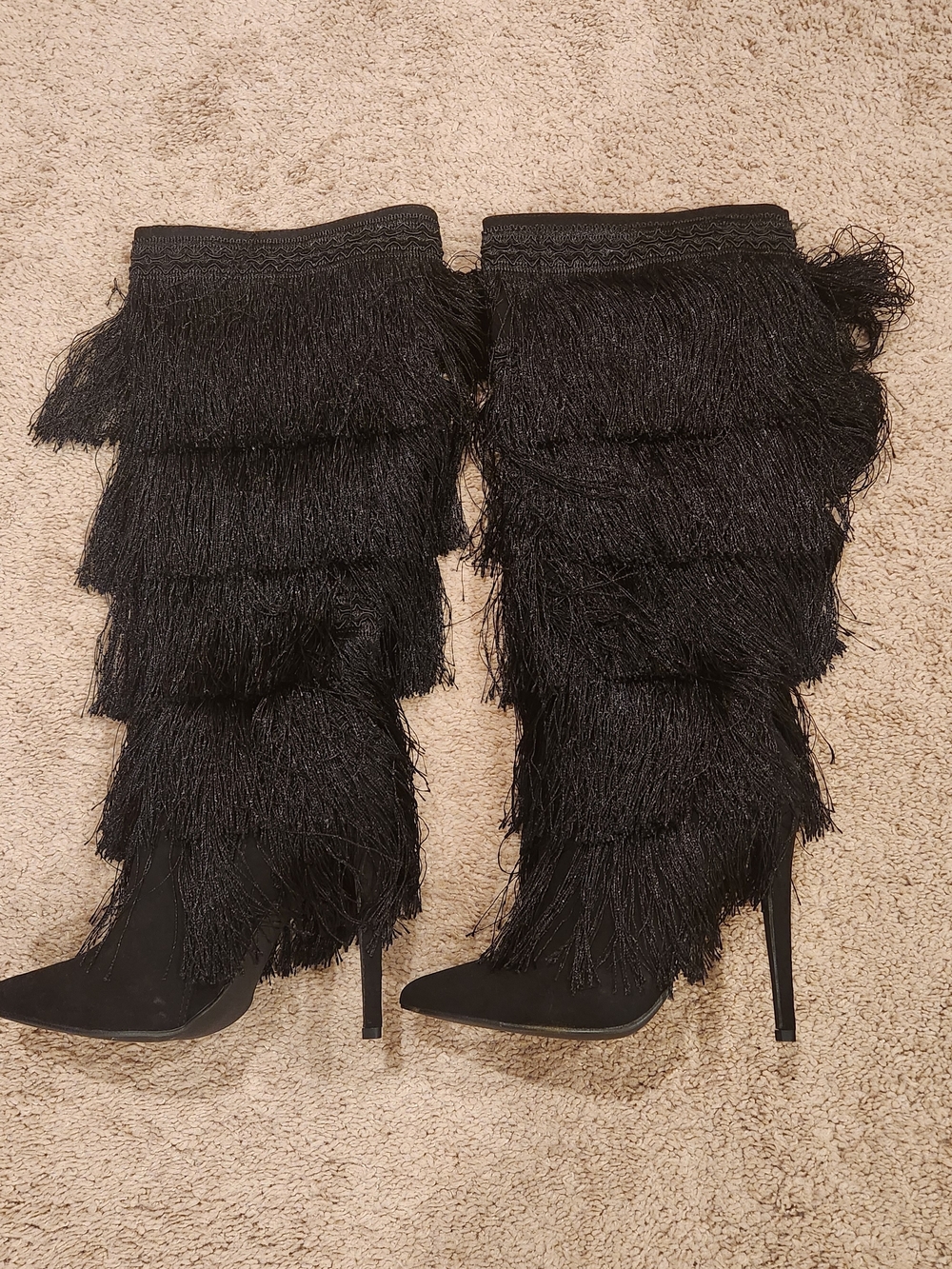 JustFab Black Tiered Fringe Knee-High Stiletto Boots